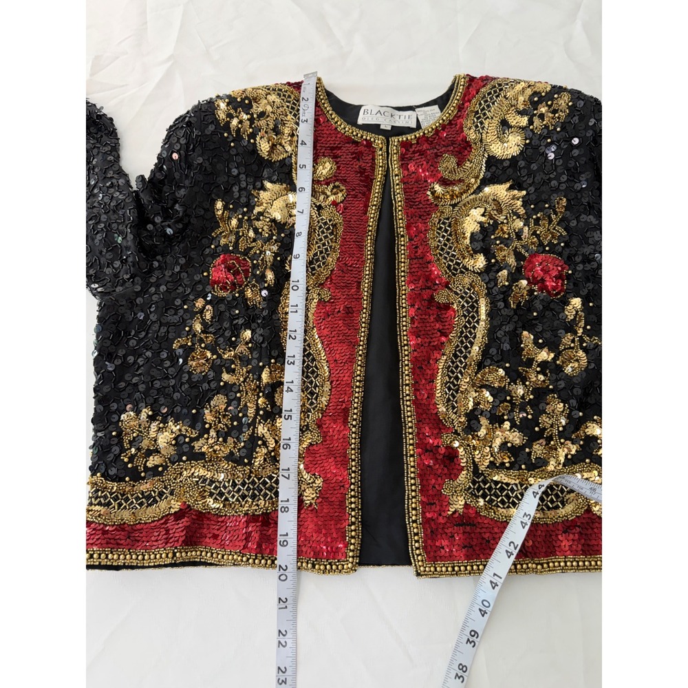 Vintage Oleg Cassini Black Tie Sequin Beaded Silk Blazer Jacket Black Gold Red - Picture 9 of 11